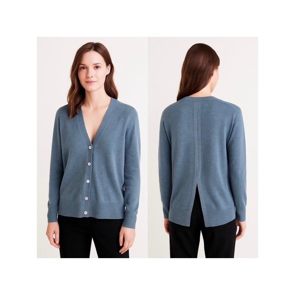 Autumn Cashmere 100% Pure Cashmere V-Neck Button Front Cardigan Blue Size Large